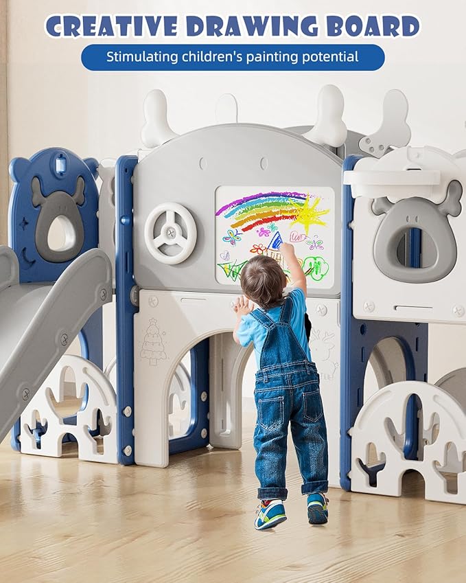 XJD 13 in 1 Toddler Slide Set, Kids Slide for Toddlers Age 1+, New Upgrade with Golf Set, Basketball Hoop, Drawing Board for Indoor Outdoor Playset, Birthday Gifts for Toddler (Blue Gley)