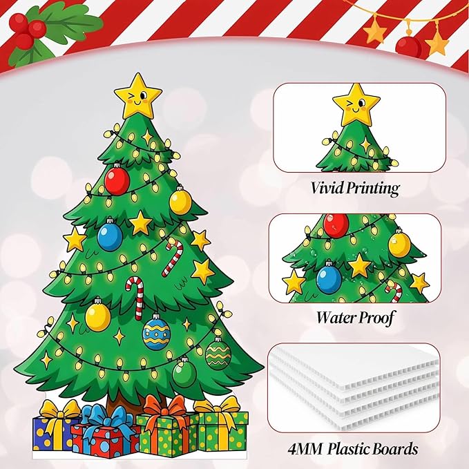Christmas Tree Cardboard Cutouts, 4mm Corrugated Plastic Standee Decorations, Indoor Outdoor Xmas Yard & Party Décor, Photo Booth Prop, 1FT, Style 2