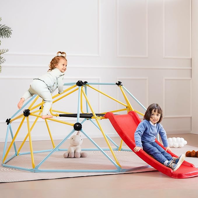 VEVOR Climbing Dome, 8FT Jungle Gym with Slide, Geometric Dome Climber Supports 600LBS and Easy Assembly for Kids 3 to 9 Years Old, with Climbing Grip, Outdoor and Indoor Play Equipment for Kids
