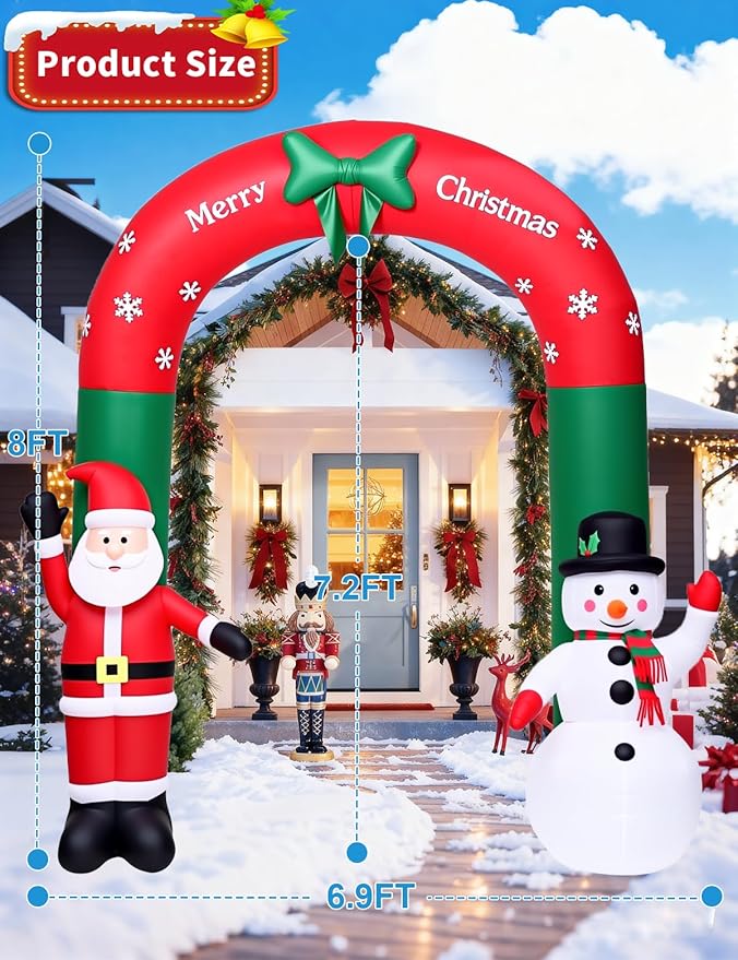 8FT Christmas Inflatables Outdoor Decorations,Inflatable Santa Claus and Snowman Arch Build-in LED Light-Christmas Blow Up Yard Decorations for Indoor/Outdoor Holiday Garden Lawn Yard Patio
