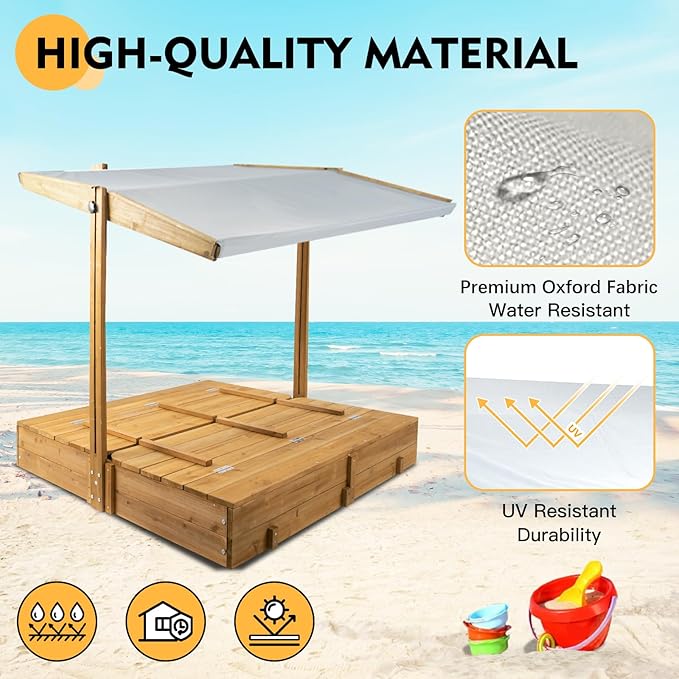 Wooden Kids Sandbox with Lid, Outdoor Sand Box with Adjustable Canopy and Two Foldable Bench Seats, Sandbox with Cover for Beach, Backyard, Bottom Liner & UV-Resistant, Gift for Kids Age 2-8, 47''