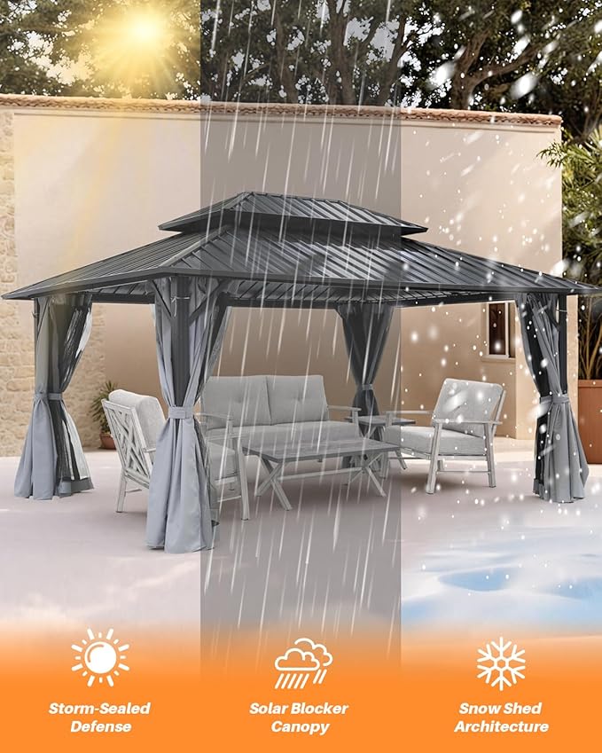12' x 16' Hardtop Gazebo, Outdoor Patio Gazebo, Aluminum Frame Patio Hardtop Gazebos with Netting and Curtain, Outdoor Patio Pergola with Double Steel Roofs for Deck, Lawns, Garden, Slate Gray