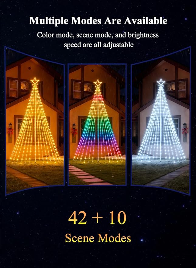 12FT Christmas Tree Lights with 355 LEDs, RGB Color Changing String Lights with Remote & Smart App Control, 52+ Modes, IP67 Waterproof Waterfall Lights with Pole for Xmas Outdoor Decorations