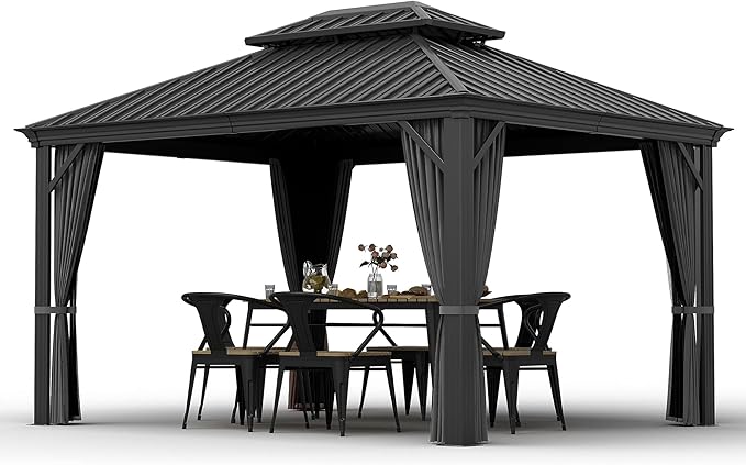 HAPPATIO 10' x 12' Hardtop Gazebo with Netting and Curtains, Double Roof Permanent Patio Metal Gazebo Canopy for Patio, Deck, Backyard （Gray）