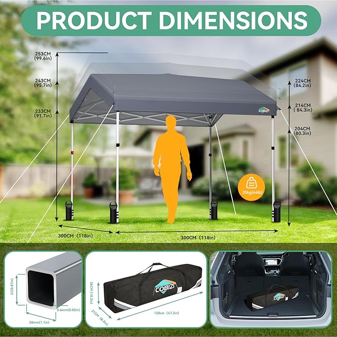 COBIZI 10x10 Pop Up Canopy with One Button Push Center Lock,Ez Up Portable Carport with 1 sidewall,Waterproof UV50+ Outdoor Party Commercial Carport Canopy Gazebos with Carry Bag(10 x 10 ft Gray)