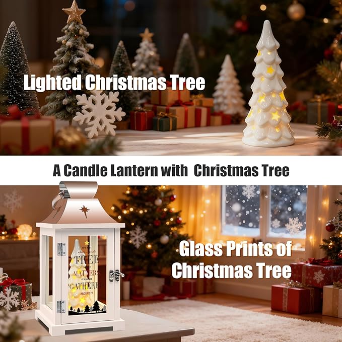 Ceramic Christmas Tree That Light up for Table Centerpieces, 15.1" Tall Lantern Indoor Party Decor, Hanging Candle Lantern for Home, Holidays Tabletop Décor Gift, Xmas Tree Figurine
