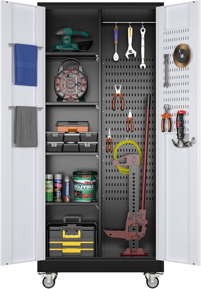 Aobabo Metal Broom Closet Storage Cabinet on Wheels and 2 Lockable Doors, Steel Cleaning Tools Cabinet for Garage with Pegboards and Hooks,Black,Assembly Required