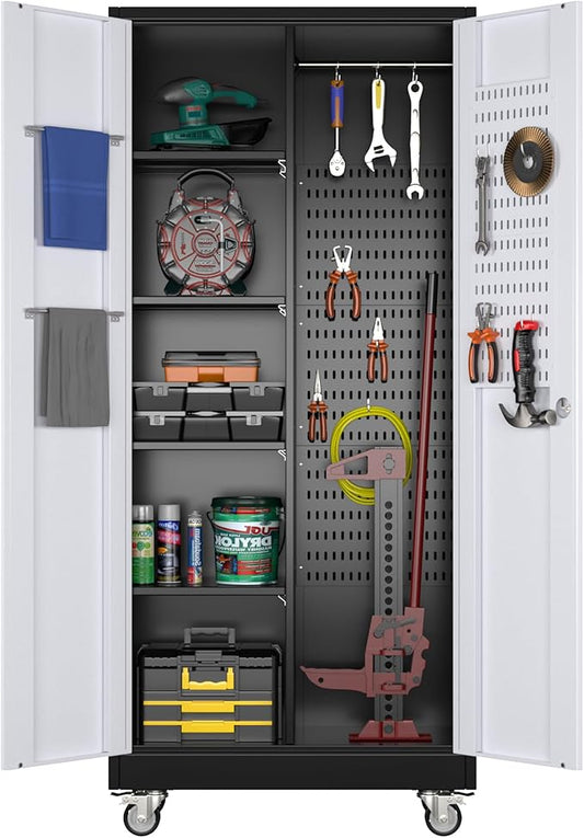 Aobabo Metal Broom Closet Storage Cabinet on Wheels and 2 Lockable Doors, Steel Cleaning Tools Cabinet for Garage with Pegboards and Hooks,Black,Assembly Required
