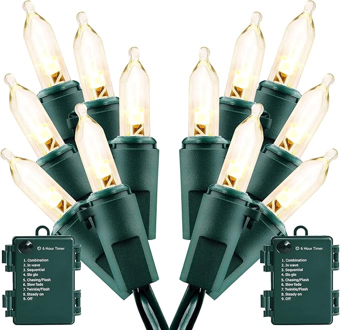 Christmas Lights - Battery Operated String Lights 50 LED String Lights Mini Lights with Auto-Timer and 8 Lighting Modes for Christmas Wreath Party Wedding Garden Home Decoration, Warm White, 2 Pack
