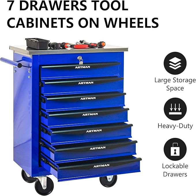 RYH 4/5/6/7 Drawers Rolling Tool Chest -Heavy Duty Mobile Metal Tool Box with Locking Wheels, with Stainless Steel Worktop, Garage Tool Storage Cabinet (Blue, 7-Drawers 30.7 H¡¿22.2 W)