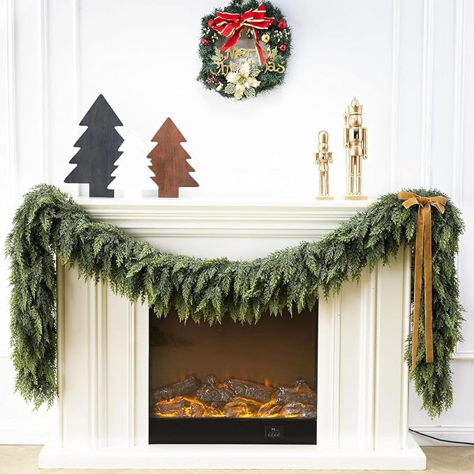 2 Pcs 9 Feet Christmas Cedar Garland - Thick & Lush Realistic Artificial Green Faux Cedar Pine Needles Garland for Christmas Winter Home Mantel Fireplace Holiday Party Decor
