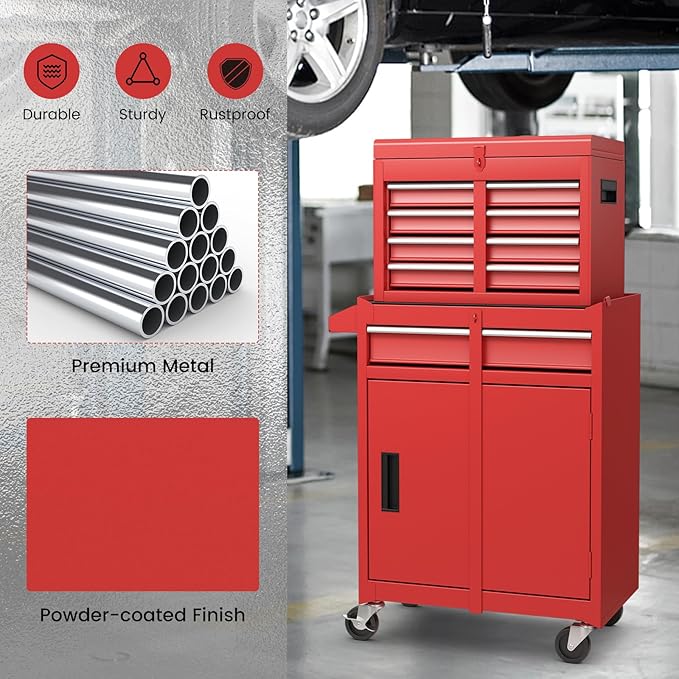 IRONMAX Rolling Tool Chest, 5-Drawer Lockable Tool Cabinet w/Adjustable Shelf & 4 Universal Wheels, 2 in 1 Detachable Tool Box Storage Organizer for Garage Workshop Repair Shop, Red
