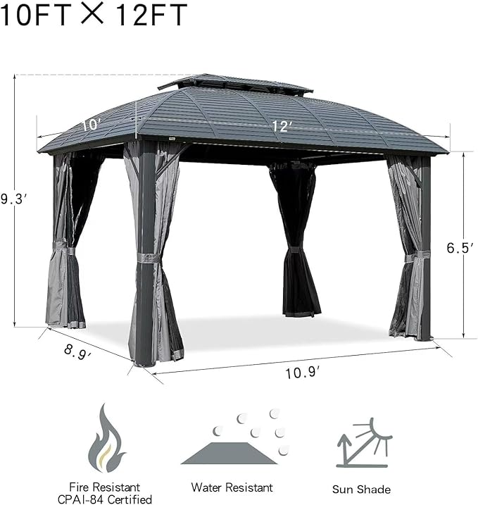 Domi 10'x12' Hardtop Gazebo Arc Canopy,Outdoor Aluminum Gazebo with Galvanized Steel Double Roof,Curtain and Netting,Permanent Gazebos Pavilion for Patio Deck,Backyard,Gray