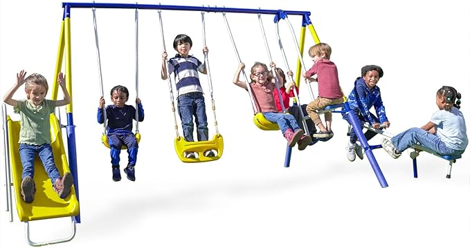 Sportspower Royal Fun Metal Swing Set for Kids Ages 3-8 with 2 Swings, Standing Swing, Glider, Teeter-Totter & 5FT Slide, Anchor Kit, 6.1FT Steel Frame, Outdoor Playground with 800 lbs Weight Capacity