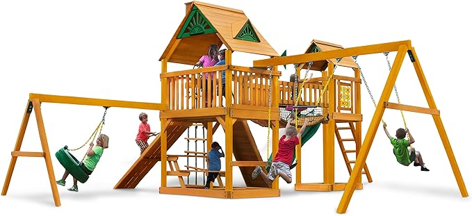 Gorilla Playsets 01-0006-AP Pioneer Peak Wood Swing Set with Wood Roof, Tire Swing, Clatter Bridge and Tower, Ramp, Slide, Two Swings, Amber