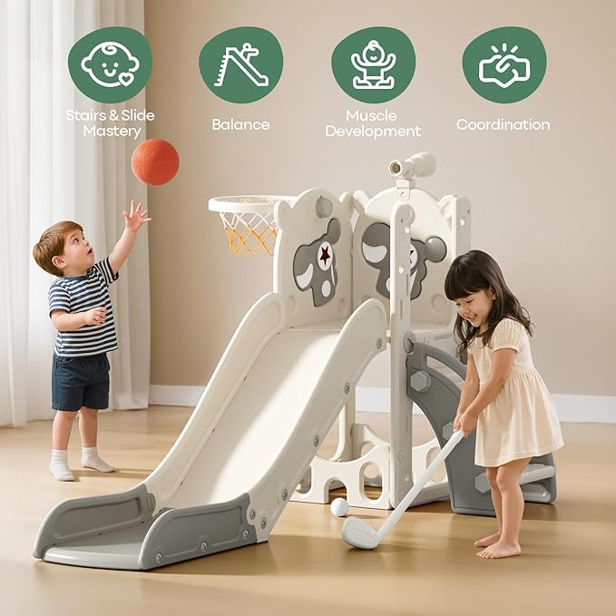 Mloong 6 in 1 Toddler Slide - Kids Slide for Toddlers Baby 1-3 Years Old, Indoor and Outdoor with Basketball Hoop Upgraded Golf for Kids Easy Assembly Pegasus Design (Beige & Gray)(28×62×39in)
