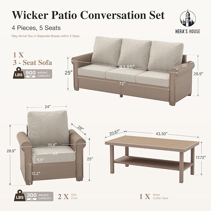 HERA'S HOUSE 4-Piece Patio Furniture Set, All Weather 5 Seats Outdoor Wicker Sofa with 44" Coffee Table, 5.5" Thick Waterproof Cushion Conversation Couch Set for Garden Deck Backyard, Beige