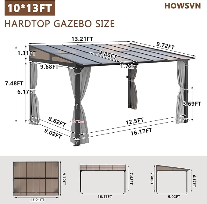 10'x13' Gazebo, Wall Mounted Gazebo Pergola with Aluminum Frame, Curtains and Netting for Patio,Decks, Garden and Lawn