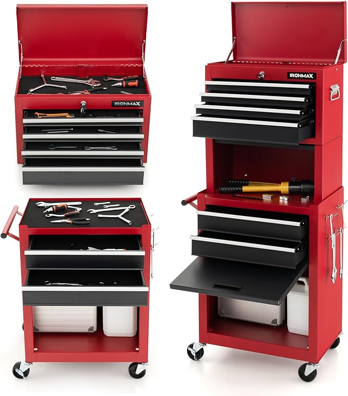 ERGOMASTER Rolling Tool Chest - Removable Top Box Large Bottom Cabinet with Casters and Lock System Tool-Box - Heighten 6-Drawer Red
