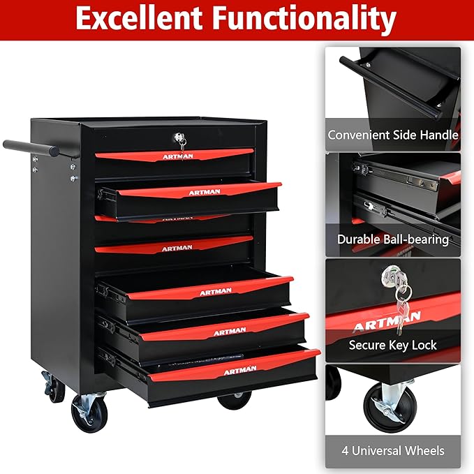 RYH 7 Drawers Rolling Tool Chest - Heavy Duty Mobile Tool Cart with Locking Wheels & Ball Bearing Drawers,30.5 H x 20.9 W x 13 D Garage Tool Storage Cabinet (Black, 7 Drawers)