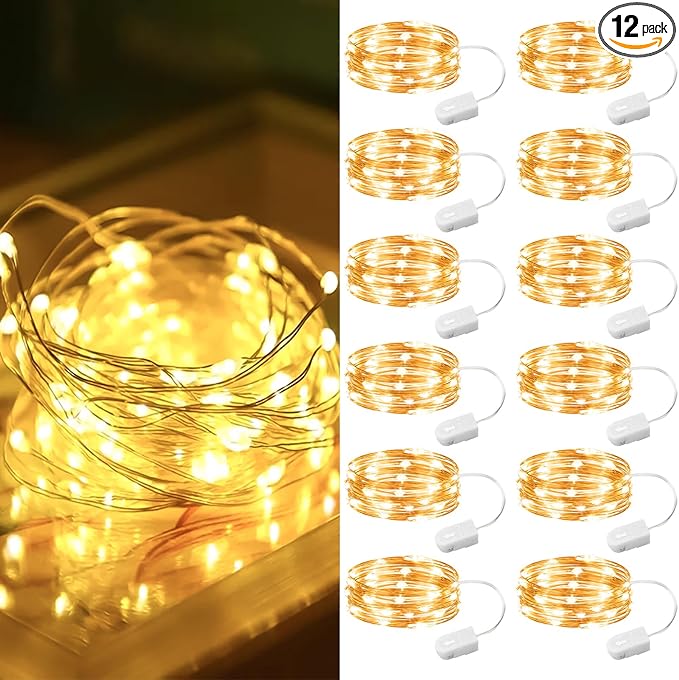 ZSJWL 12 Pack Fairy Lights Battery Operated,7Ft 20 Led Mini Battery String Lights, Waterproof Silver Copper Wire Lights for Wedding Party Bedroom Christmas Decoration, Warm White