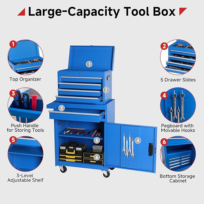 Rovibek Rolling Tool Chest, 5-Drawer Rolling Tool Box on Wheels, Metal Tool Chest with Foam Packaging, Lockable Wheels, Detachable Top Tool Box, Tool Storage Box for Garage Workshop Warehouse