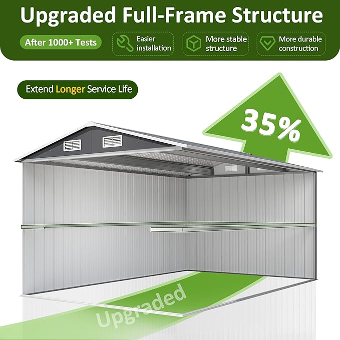 8x12 FT Outdoor Storage Shed, Metal Garden Tool Shed with Updated Frame Structure and Lockable Doors, Ideal for Backyard Garden Patio Lawn, Grey