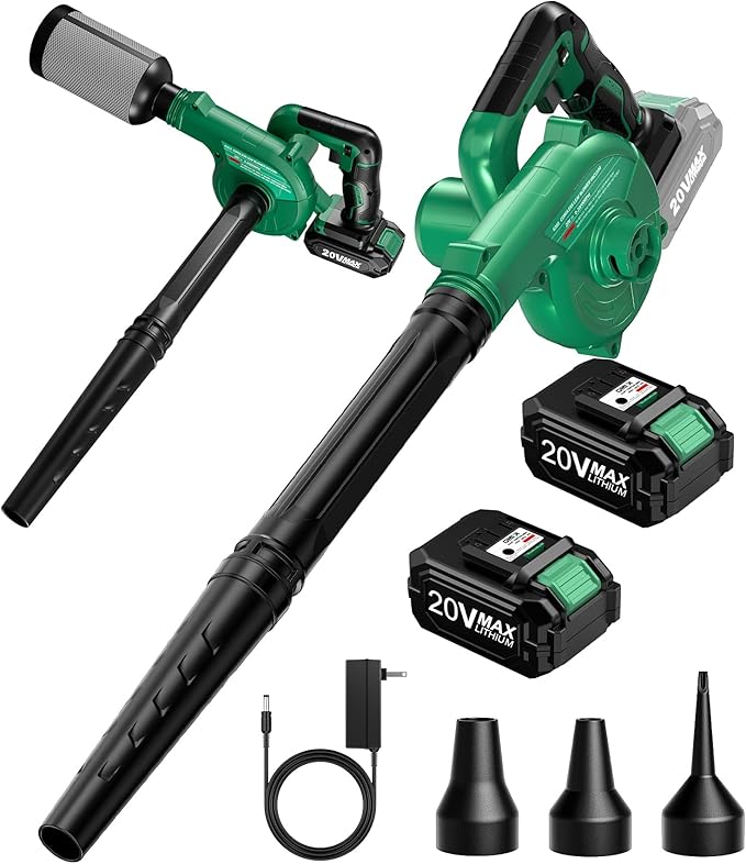 KIMO Cordless Leaf Blower and Vacuum Combo 4 in 1, 3 Nozzles for Inflation & Deflation, 3Modes & Variable Speed Up to 200CFM/150MPH with Reusable Bag, 2Pack Battery Operated Leaf Blowers for Lawn Care