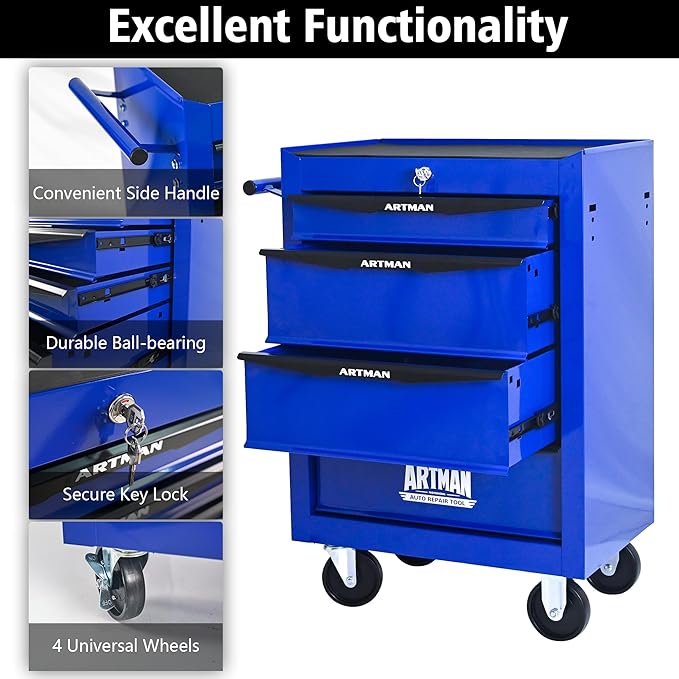 RYH 4 Drawers Rolling Tool Chest - 13 D x 20.9 W x 30.5 H Heavy Duty Mobile Tool Cart with Locking Wheels & Ball Bearing Drawers, Garage Tool Storage Cabinet (Blue, 4 Drawers)