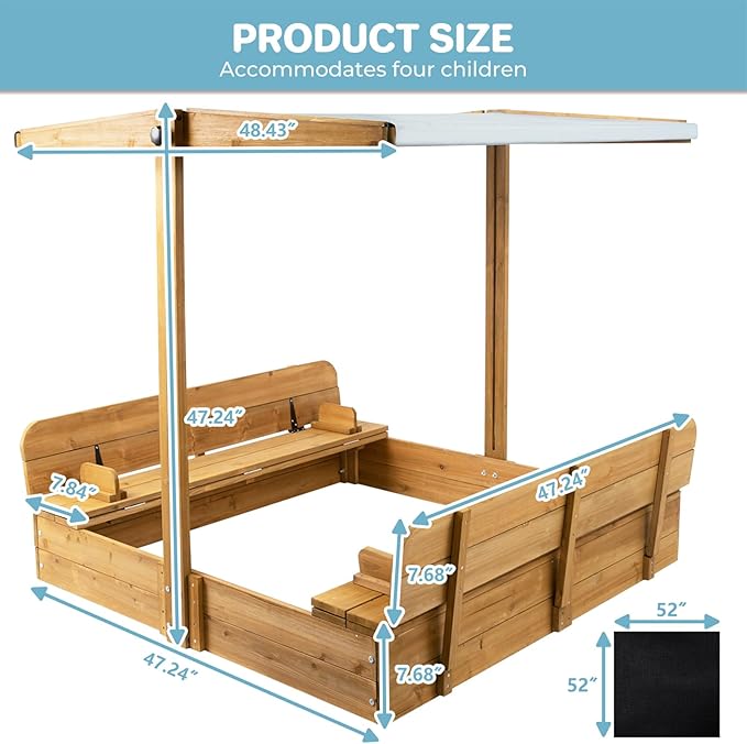 Kids Sand Box with Cover£¬Wooden Outdoor Sandbox with Lid£¬Foldable Bench Seat/Adjustable Canopy£¬UV-Protection &Natural Wood£¬Sand Box for Kids Ages 2-8£¨47x47in£©
