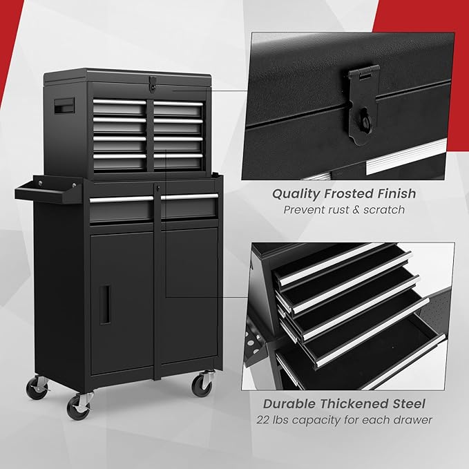ERGOMASTER Tool Chest Heavy Duty Rolling Tool Box with Cabinet 5-Drawer for Lockable & Removable Cabinet for Garage and Workshop - Black