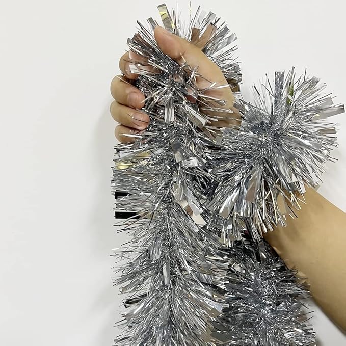 25 ft Long Roll Silver Tinsel Twist Garland, Shiny Metallic Foil Decorations for Parade Floats, Halloween, Christmas Eve, New Year Parties (4" x 25' roll, Silver)