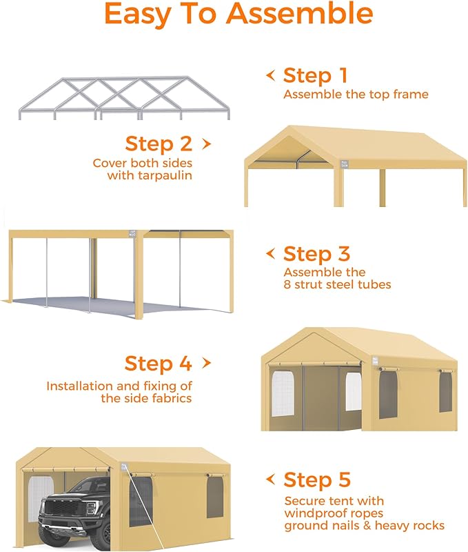 Carport, 12 x 20 FT Portable Garage Heavy Duty, Carport Canopy with Sidewalls Roll-Up Door & Windows, Car Port Canopy Tent Reinforced with Extended Skirt for Truck, Boat, Car Shed (Khaki)