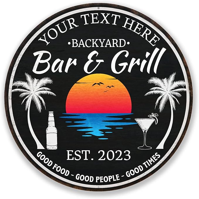 Personalized Backyard Bar & Grill Sign, Bar Sign, Wall Decor, Tropical Sign, Beach Wall Art, Patio Plaque, BBQ, Made in USA 14" 100140050007