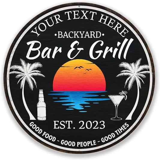 Personalized Backyard Bar & Grill Sign, Bar Sign, Wall Decor, Tropical Sign, Beach Wall Art, Patio Plaque, BBQ, Made in USA 12" 200120050007
