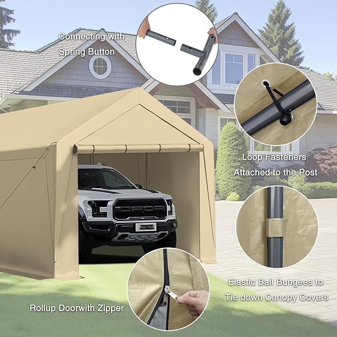 10x20 ft Heavy Duty Carport, Carports Garage with Removable Sidewalls and Reinforced Structure, Outdoor Car Canopy Tent Shelter for Vehicle and Boat (Beige)