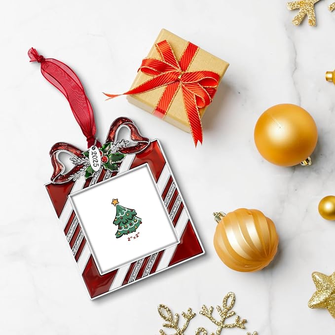2025 Christmas Tree Ornaments 3 Piece Picture Frame Hanging Ornament Decorative Holiday Keepsake Gift Sleigh Snowman Pendant with 2” Photo Insert for Picture of Pets,Family (Christmas Set)