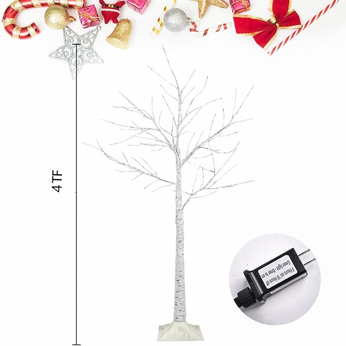4-Pack 4FT Lighted Birch Trees (Higher Size & Floor Standing), 192 LED Twinkling Birch Christmas Tree Lights for Indoor & Outdoor, 2 Modes Warm White Tree Lights for Christmas Thanksgiving Home Decor