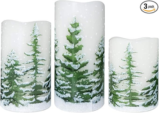 Wondise Flickering Flameless Pillar Candles with Timer, Battery Operated Real Wax Warm Light Christmas Tree Pine Tree Decal Candle for Home Decoration Christmas Gifts, Set of 3(D3 x H4/5/6 Inch)