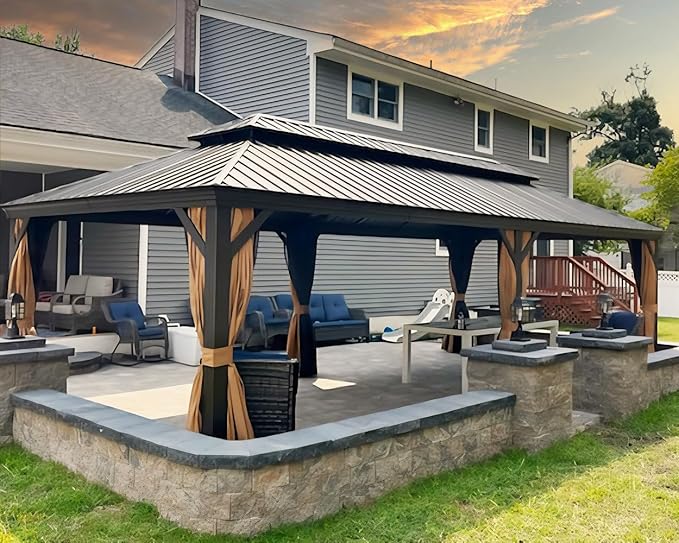 PURPLE LEAF 12' X 26' Outdoor Hardtop Gazebo Patio Wide Aluminum Frame Galvanized Steel Double Roof with Heavy Duty Netting and Curtains for Permanent Hard Top Pavilion Screen Khaki