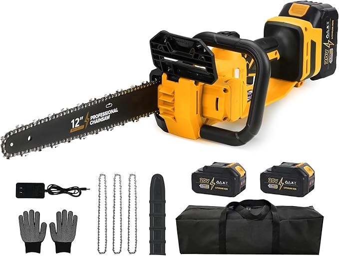 12 Electric Chainsaw Cordless, 20V Battery Powered Cordless Chain Saw, Chainsaw with 2 x 4.0Ah Lithium ion Battery and Charger for Wood Cutting, Tree Saw Trimming and Branch Pruning