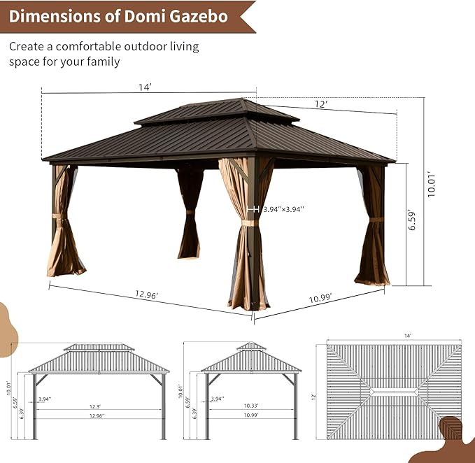 Domi Hardtop Gazebos 12x14FT, Aluminum Metal Gazebo with Galvanized Steel Double Roof Canopy, Curtain and Netting, Permanent Gazebo Pavilion for Patio, Backyard, Deck and Lawn, Brown