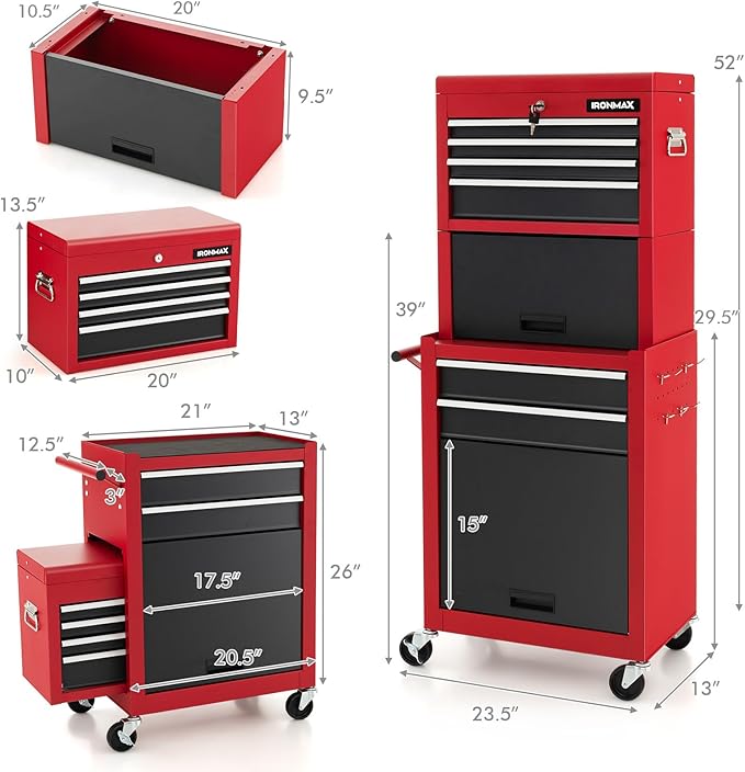 ERGOMASTER Rolling Tool Chest - Removable Top Box Large Bottom Cabinet with Casters and Lock System Tool-Box - Heighten 6-Drawer Red