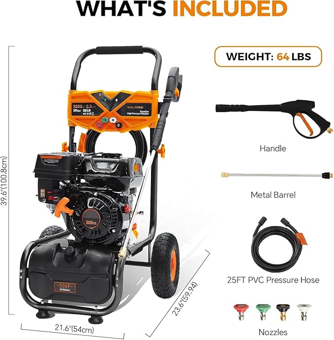 Gas Pressure Washer, 3500 PSI 2.3 GPM Power Washer with 209CC Engine, 4 Quick-Connect Nozzles, 25FT Hose, 3L Soap Tank, High Pressure Washer for Car, Driveway, Fence, Patio Cleaning, Orange
