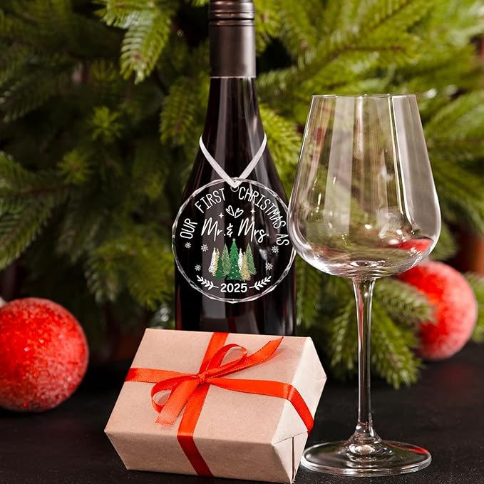 Horaldaily 3.15" Christmas Trees Glass Ornament 2025- Our First Christmas As Mr.&Mrs. Round Decor - Xmas Tree, Holiday Presents, Gift Exchange Ideas Hanging Decor for Newlywed Couple Bride Groom