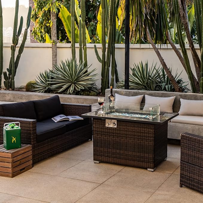 44in Outdoor Propane Gas Fire Pit Table, 50,000 BTU Auto-Ignition Gas Firepit with Glass Wind Guard, Marble Tile Tabletop, Mixed Color Glass Rocks, Brown PE Rattan¡¦