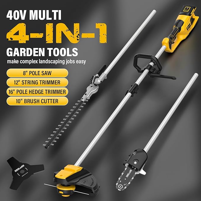 40V Weed Wacker Cordless, 8-Inch Pole Saw, Hedge Trimmer and Brush Cutter, 4-in-1 Multi Garden Tools with 2X20V 4.0Ah Batteries and Charger
