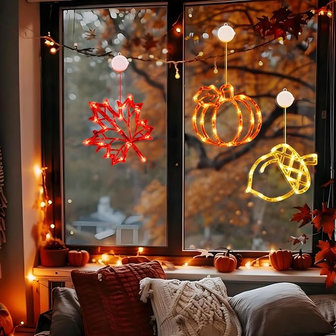 LOLStar Fall Decor Window Lights 2025 Thanksgiving Decorations Acorn Maple Leaves Pumpkin LED Lights with Suction Cups Battery Operated(Exclusive) Slow Fade Mode Timer Autumn Decorations for Home