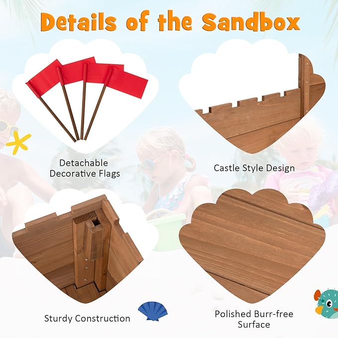Costzon Kids Sandbox, Cedar Wood 45 x 45 Sand Pit w/Built-in Bench Seats, Storage Boxes, Flags & Protective Bottom Liner, Outdoor Sand Box for Kids Age 3+ for Backyard Garden Beach