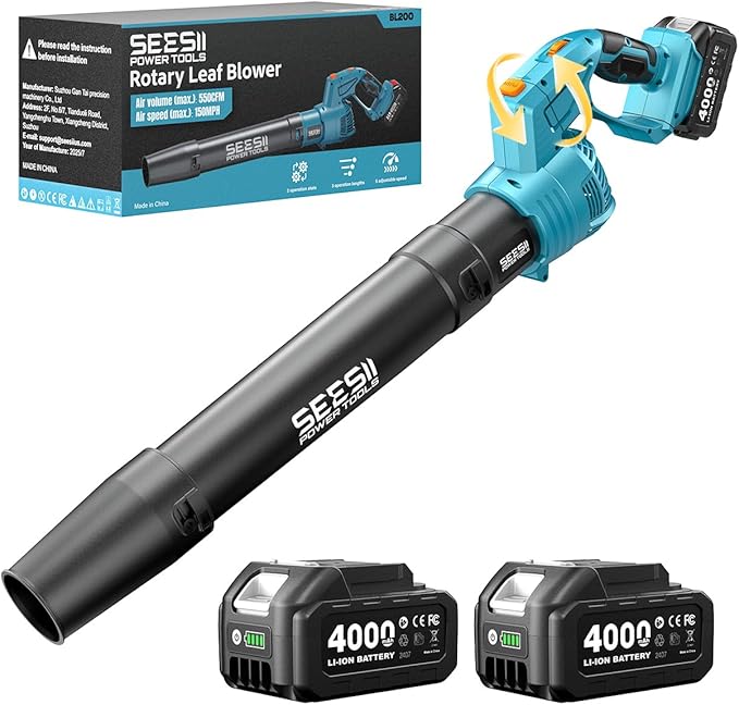 SEESII Leaf Blower Cordless, Rotated 180¡Æ Electric Leaf Blower with 2 * 4.0Ah Batteries and Charger, 550CFM 150MPH Lightweight Blower with 5 Speed Mode for Lawn Care, Yard, Patio & Outdoor Use